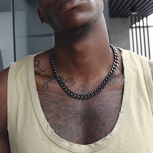 Men's 12mm Width Steel Black 18K Gold Plated Cuban Durable Hip Hop Chain Jewelry - Picture 4 of 7